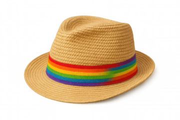 Straw fedora hat with rainbow band, symbolizing lgbtq+ pride, diversity, love, and summer fashion accessory