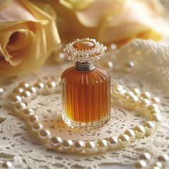 Perfumevintagebottle A crystal perfume bottle with an atomizer puff, surrounded by pearls, lace doilies, and a blurred background with warm tones. isolated on white background Ultra HD