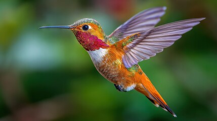 Fototapeta premium A hummingbird flies in the air with its wings spread and head turned sideways