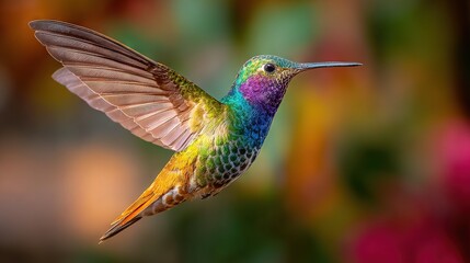 Fototapeta premium A vibrant hummingbird flutters through the air with its wings fully extended and a hazy backdrop