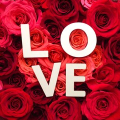 Uppercase word "LOVE" placed amidst vibrant, velvety red roses