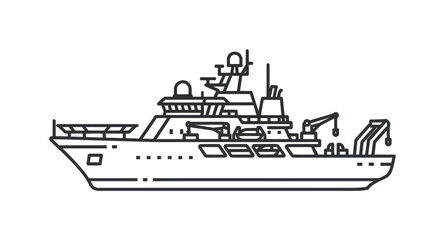 Obraz premium Detailed Line Drawing of a Modern Research Vessel with Deck Equipment.