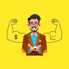 Self-evaluation in business. A man on a yellow background crossed his arms. Modern flat style vector illustration clipart