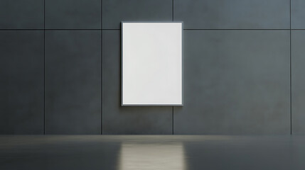 Minimalist blank frame hanging on a gray paneled wall with reflective floor. Modern, clean design for art or informational display.