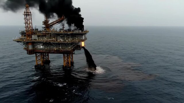 An oil rig disaster with a massive spill polluting the ocean. Black smoke and crude oil gushing into the sea. Environmental catastrophe and fossil fuel industry concept