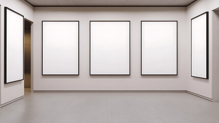 Obraz premium Minimalist gallery space showcasing blank framed canvases, ideal for art display or creative presentations. Sleek, modern design.