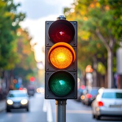 Urban traffic light showing red, yellow, and green signals against a blurred street