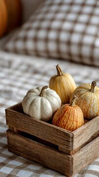 Rustic autumn display of miniature pumpkins on cozy plaid blanket