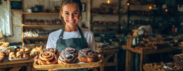 The Baker Presenting Freshly Baked Cinnamon Rolls on a Wooden Tray in Rustic Bakery