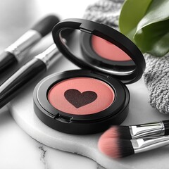 Blushpowdercompact An open blush compact with heart imprint, styled on a marble counter with brushes. isolated on white background Ultra HD, Very Realistic