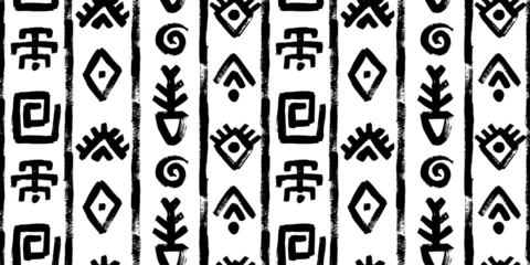 Fotobehang Afrikaanse Motieven Ethnic seamless vector drawing with vertical lines, swirl, tropical fish bone and traditional eye motifs. Handcrafted wallpaper design using brown and beige wax crayon, charcoal, ink brush strokes  © A_Y_N