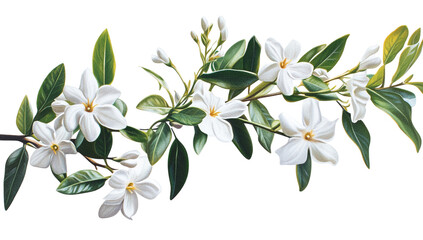 Obraz premium Delicate white jasmine flowers and green leaves on a dark background isolated on a transparent background