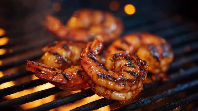 Juicy shrimp sizzling on a hot grill, charred grill marks visible, smoke curling upward, glowing embers beneath adding warmth