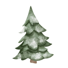 Simple and cute watercolor illustration of green Christmas tree covered with snow. Hand drawn. In minimalistic childish style for holiday cards, winter decorations. Isolated on white background.