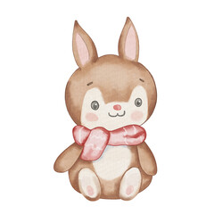 Cute brown watercolor bunny sitting with red scarf. Cozy winter illustration for kids, isolated on white background. Perfect for nursery decor, posters and holiday designs.