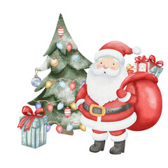 Watercolor illustration of Santa Claus standing with sack of gifts to decorated Christmas tree. Under the tree is gift with red bow. Magical holiday scene. Hand drawn, isolated on white background,