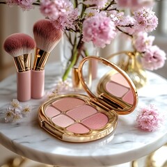 shades of blush pink, open on a marble table with brushes and dainty accessories. isolated on white background Ultra HD