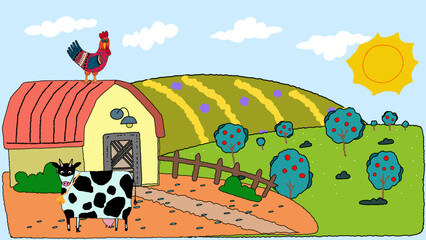 A delightful and whimsical children’s sketch depicting a peaceful rural scene. Featuring simple lines and bright colors, it showcases farmland, animals, and nature through the innocent eyes of a child