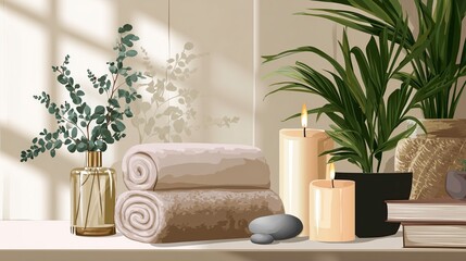 Cozy bathroom corner with rolled towels, candles, and greenery  