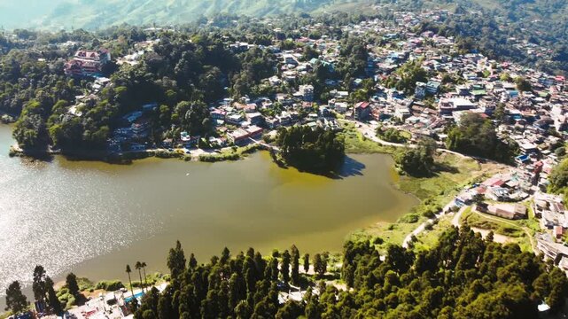 Aerial View of Mirik Town Featuring Sumendu Lake, Mirik Park and Surrounding Himalayan Landscape in West Bengal, India