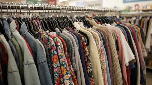 Browsing a rack of secondhand clothing in a thrift store. A variety of used shirts and jackets for sale. Sustainable fashion and circular economy concept