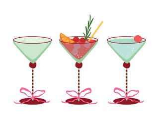 Holiday drinks in cocktail glasses vector illustration set. Festive martini glasses, alcoholic drinks, garnishes, decorated with elegant bows isolated on white background. Christmas party beverage