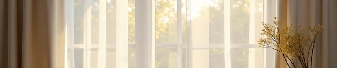 Sheer Window Curtains Gently Billowing in Sunlight, Creating a Bright and Airy Room Atmosphere, Perfect for Modern or Minimalist Home Decor
