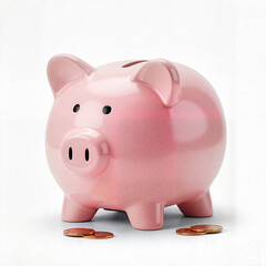 Piggy bank on white background with coins and copy space for savings concept
