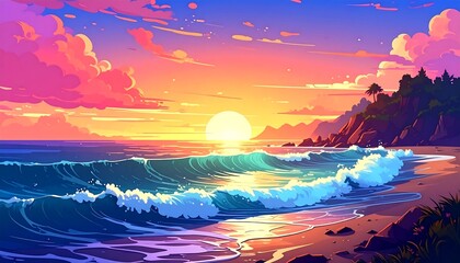 Vibrant digital art depicts a stunning ocean sunset with rolling waves