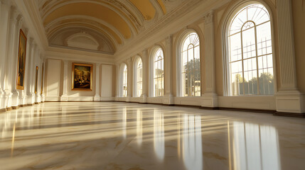 Fototapeta premium Elegant hall bathed in sunlight, showcasing paintings and expansive windows, reflecting on a polished floor.