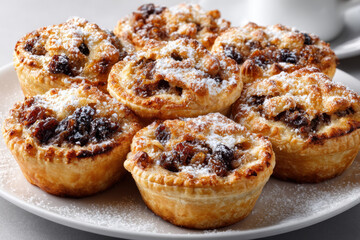 Plate of freshly baked mince pies traditional Christmas dessert with fruit filling and powdered sugar perfect for holiday celebrations