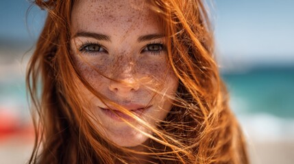 A cheerful young woman stands on a bright beach her long red hair flowing in the wind. She has striking freckles and radiates joy against the backdrop of the blue ocean.