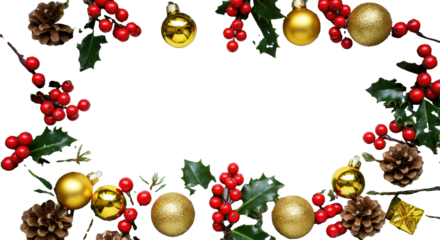 Photorealistic Christmas border with glossy holly, crimson berries, pine cones, fir branches, gold baubles, and artificial snow on a transparent background, elegant traditional Christmas concept