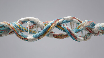 Hyperrealistic image of network cables twisted into a DNA double helix shape, symbolizing connectivity, technology, data flow, innovation, and the fusion of biology and modern digital networks.