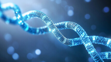 Hyperrealistic image of network cables twisted into a DNA double helix shape, symbolizing connectivity, technology, data flow, innovation, and the fusion of biology and modern digital networks.