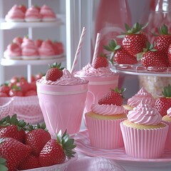 Pastelfridgeinterior Inside of a pastel-colored fridge filled with pink drinks, tiny cakes, cute containers, and strawberries. isolated on white background Ultra HD, Very Realistic