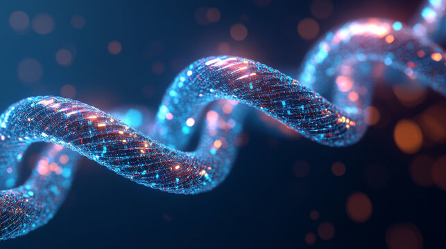 Hyperrealistic image of network cables twisted into a DNA double helix shape, symbolizing connectivity, technology, data flow, innovation, and the fusion of biology and modern digital networks. - Powered by Adobe
