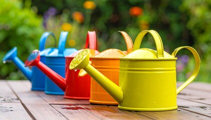 Vibrant row of colorful watering cans arranged on a weathered wooden surface