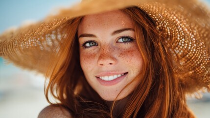 On a sunny beach day a young woman with striking red hair and freckles enjoys the warmth while wearing a wide-brimmed straw hat. Her cheerful smile radiates joy.