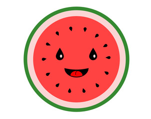 Obraz premium Cute, smiling cartoon watermelon circle with seeds and green rind on clean white background. Happy character illustration of a whole, sweet and juicy summer fruit for kids and food concepts