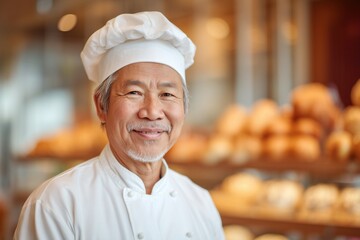 Portrait of an elderly Asian male baker in uniform, smiling proudly in a warm bakery full of fresh bread and pastries. Smiling Asian Baker in Traditional Uniform at Bakery

