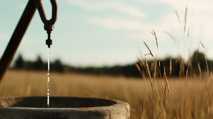 Water drips from an old pump into a basin, set against a rural backdrop of tall grasses and distant trees under a serene sky, evokes simplicity.