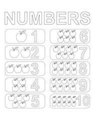 Educational black and white coloring worksheet for numbers one to ten with apples for counting practice. Tracing sheet with outline cartoon fruit and dotted numbers for early mathematics learning