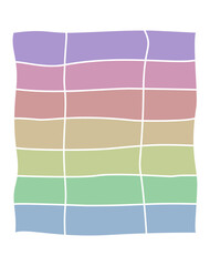 Vertical three column, seven-row grid table or chart with pastel rainbow colored cells and white lines in a wobbly style. Blank data matrix, spreadsheet or schedule template