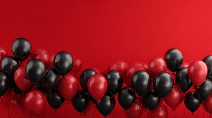 Stunning black and red balloons floating against a vibrant red backdrop, perfect for celebrations, promotions, or adding a festive touch to your designs