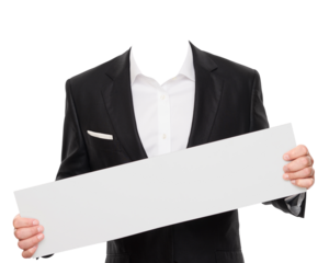 Business man holding empty board on transparent background png