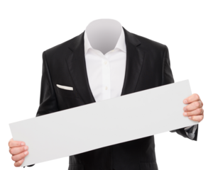 Business man holding empty board on transparent background png