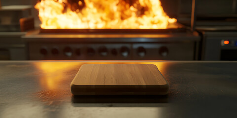 Blank cutting board awaits use with a commercial kitchen gas grill flaring up in the background, suggesting culinary possibilities.