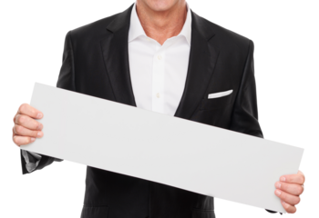 Business man holding empty board on transparent background png
