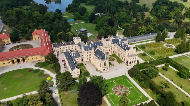Aerial orbit to the left around Lednice Castle, Czech Republic